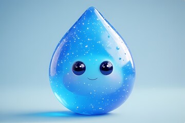 Chubby raindrop in soft blue with big eyes and sparkles inside — floating like jelly.