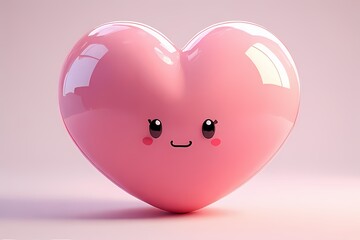 Puffy heart shape with glossy blush pink finish and smiling eyes — softly inflated like a balloon