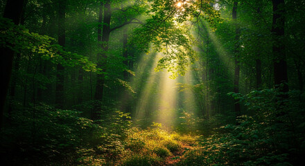 Fototapeta premium Sunlight streams through the dense canopy of a lush green forest, illuminating the forest floor.
