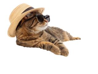 A tabby cat lying down wearing a straw hat and sunglasses looking to the side with a black background
