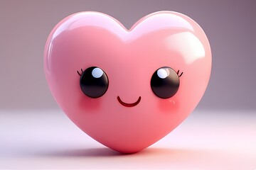 Puffy heart shape with glossy blush pink finish and smiling eyes — softly inflated like a balloon