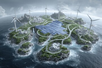 The renewable energy sector is marked by a landscape filled with solar panels and wind turbines