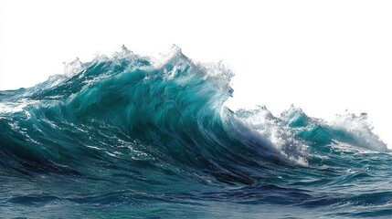 Isolated sea wave on white background, featuring dynamic water movement, natural motion, and blue color as abstract element.