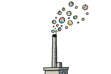 Editorial Cartoon Featuring a Tall Grey Metal Industrial Smokestack with Multiple Pipes and Emissions