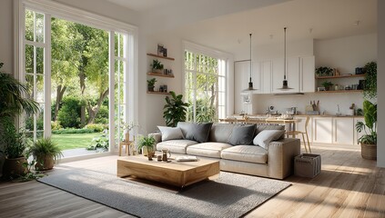 Modern living room design with garden view and open kitchen concept for real estate and interior design