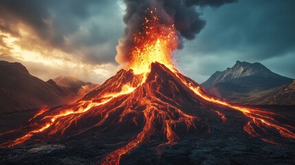 Erupting volcano in dramatic landscape