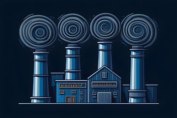 Detailed Vector Illustration of Factory Building with Four Tall Cylindrical Smokestacks Emitting Smoke in Industrial Scene
