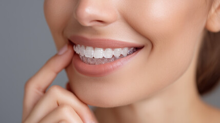 Obraz premium Close-up of woman smiling showing teeth, holding transparent dental instruments, braces, dental care concept