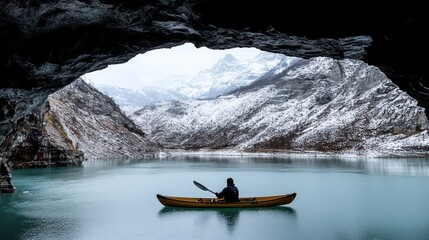 Kayaker paddles a canoe on a serene winter lake nestled amongst snow-capped mountains.