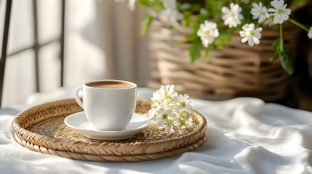 23h Maquette de cadre photo avec un int&Atilde;&copy;rieur blanc vierge, tasse de caf&Atilde;&copy;, fleurs neutres sur un plateau en osier, arri&Atilde;re-plan doux et visuel commercial moderne et &Atilde;&copy;pur&Atilde;&copy;. Vous &Atilde;&ordf;tes form&Atilde;&copy;