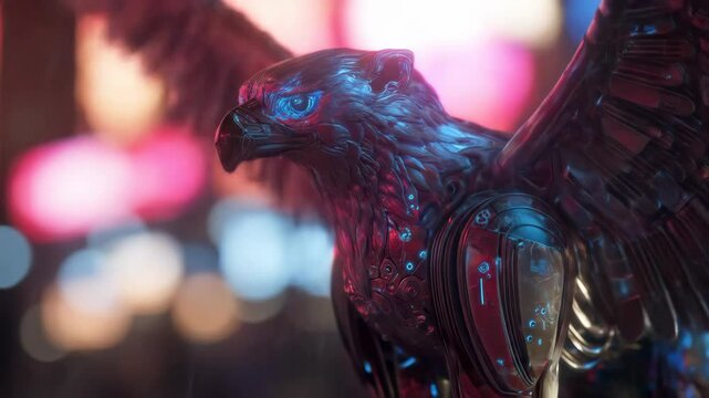 Digital futuristic eagle with neon lighting in cityscape background for contemporary design inspiration