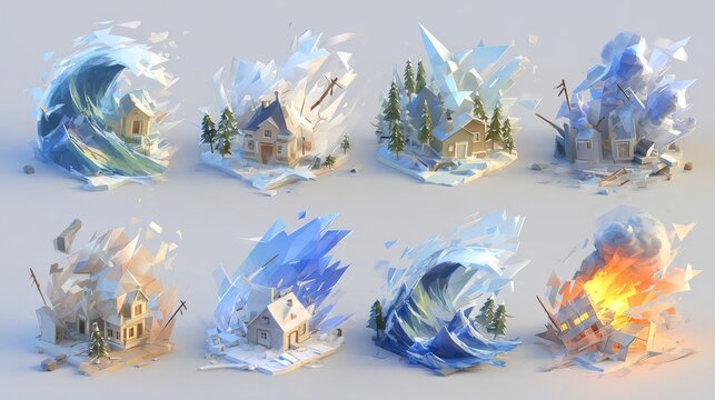 A stock set of cartoon illustrations is available, showcasing a range of natural disasters including hurricanes, forest fires, flooding, earthquakes, and intense snow blizzards