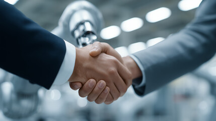 Handshake between two individuals in formal attire symbolizes successful business agreement or partnership in modern industrial setting