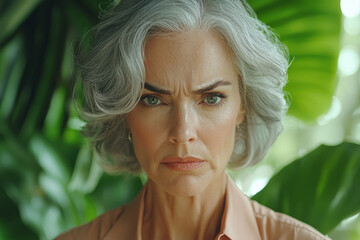 Serious mature woman with silver hair showing concern among lush tropical foliage, worried aging healthcare concept for mental health awareness and senior wellness advertising