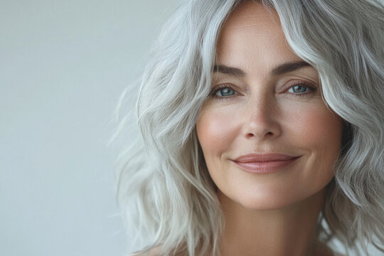 Beautiful mature woman with silver hair smiling confidently outdoors among lush tropical foliage, radiant aging gracefully concept for natural beauty wellness empowerment advertising