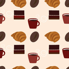 vector seamless pattern breakfast pastries and coffee beans	