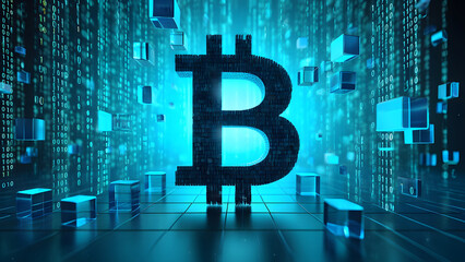 Bitcoin symbol amid digital binary code and floating cubes