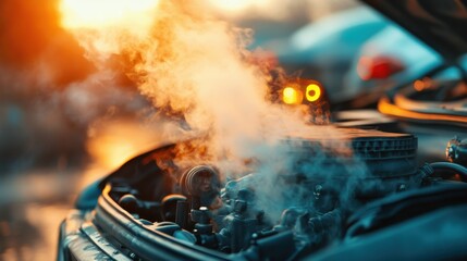 Overheated Engine with Open Hood Releasing Smoke During Sunset