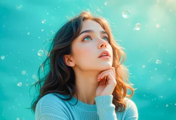 Thoughtful Woman Amid Gentle Bubbles on Serene Teal Background