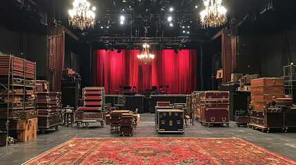 Empty concert hall stage with equipment and red curtains.
