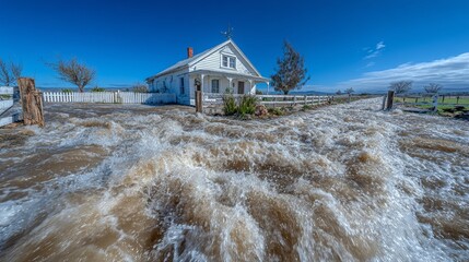 An image depicting a traditional house surrounded by floodwaters in the front yard and street, highlighting the aftermath of intense rainfall and the challenges faced by communities in the wake of