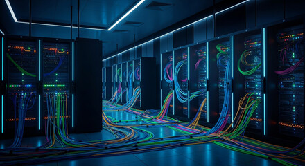 A server room with multiple racks, colorful cables, and blue lighting, showcasing data infrastructure.