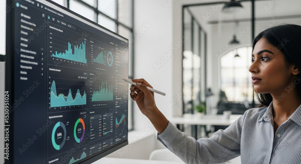 Poster woman analyzing data on a computer screen with graphs and charts using a stylus in an office setting