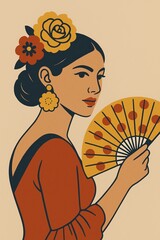 A woman in traditional spanish dress with flowers in her hair, holding a fan. Flamenco art style with cultural motifs and summer concept.