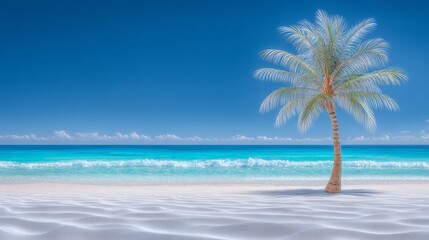 Obraz premium A breathtaking banner of a tropical beach with white sand and coconut palms, perfect for the travel and tourism industry, displaying a wide panoramic background of a stunning beach landscape