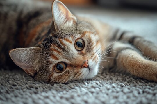 Close-up of a Cozy Tabby Cat Resting on a Soft Surface