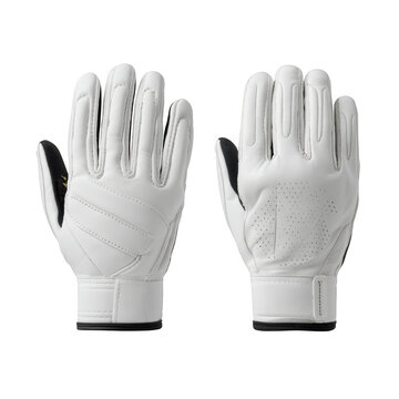 A pair of white batting gloves displayed against a black background in a studio setting shot straight on