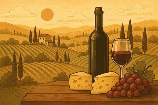 Vintage style illustration of wine bottle, glass, cheese, grapes on wood table with Tuscan landscape, house, vineyards, cipress trees, sun and clouds in background.