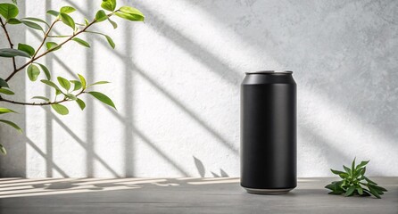 Minimalist Matte Black Beverage Can in Sunlight with Green Leaves Modern Drink Packaging Mockup for Branding and Product Design