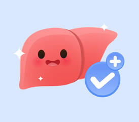 a cute liver character smiling happily, representing good condition and health. Flat style illustration.