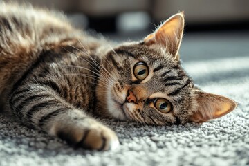 Close-up of a Cozy Tabby Cat Resting on a Soft Surface