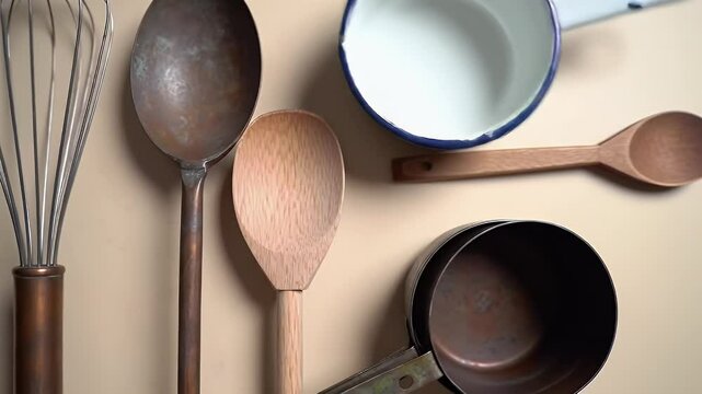 Kitchen Utensils Still Life: Whisks, Spoons, and Pots