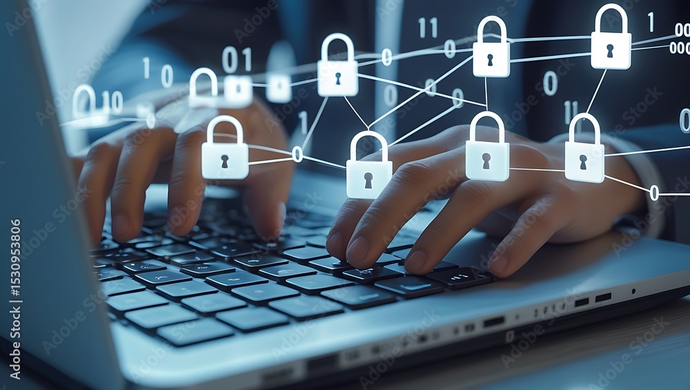 Poster cybersecurity network protection data encryption laptop