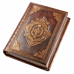 Fototapeta premium Folded dark brown leather Quran cover with embossed calligraphy