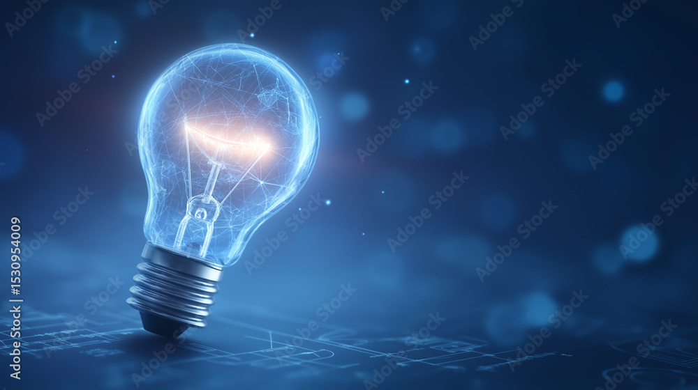 Poster innovation lightbulb with blueprints and design sketches