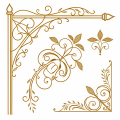 Set of golden vintage borders. Collection of design elements for website, luxurious decoration and ornament in vintage traditional style. Cartoon flat