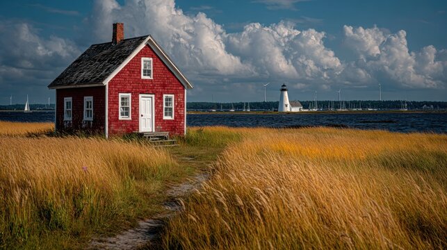 Idyllic Red Saltbox House by the Water with Lighthouse and Wind Turbines