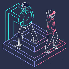 Abstract 3D geometric shapes with gradient colors on a dark background. The design features modern, futuristic aesthetics with isometric elements. Vector
