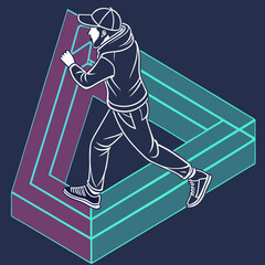Abstract 3D geometric shapes with gradient colors on a dark background. The design features modern, futuristic aesthetics with isometric elements. Vector
