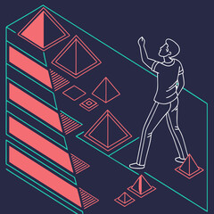 Abstract 3D geometric shapes with gradient colors on a dark background. The design features modern, futuristic aesthetics with isometric elements. Vector