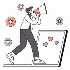 A man holding a megaphone emerges from a laptop screen, surrounded by SEO, notification, and follower icons. Vector illustration on a white background