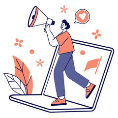 A man holding a megaphone emerges from a laptop screen, surrounded by SEO, notification, and follower icons. Vector illustration on a white background