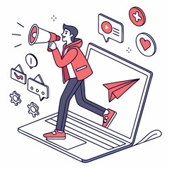 A man holding a megaphone emerges from a laptop screen, surrounded by SEO, notification, and follower icons. Vector illustration on a white background