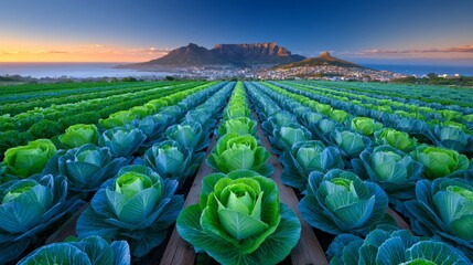 Fototapeta premium The organic garden, meticulously maintained, boasts an abundance of lush green vegetables, arranged in neat rows, organic, garden, vegetables, green, rows