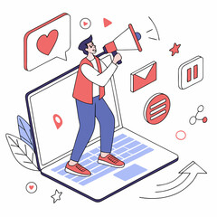 A man holding a megaphone emerges from a laptop screen, surrounded by SEO, notification, and follower icons. Vector illustration on a white background