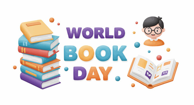 Illustration of a cheerful World Book Day celebration with books and a kid.